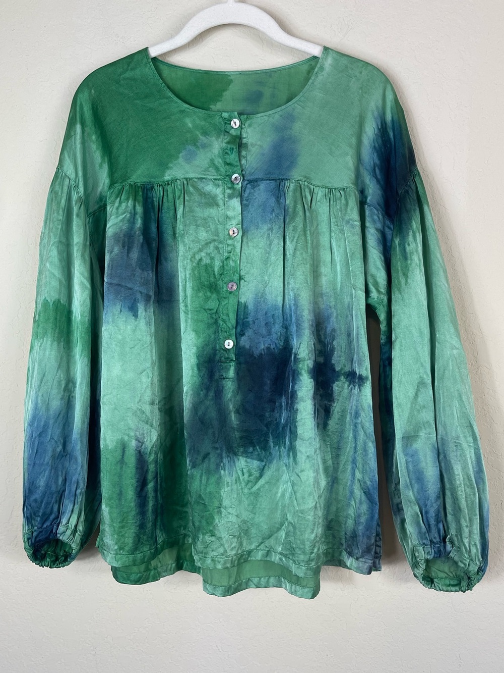 Raquel Allegra Silk Poet Top Jade Tie Dye Blouse Size